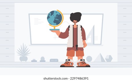 The individual is holding a colossal globe, the subject of learning. Trendy style, Vector Illustration