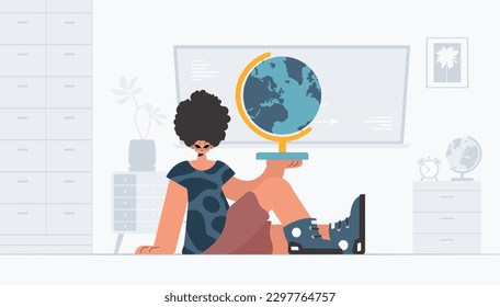 The individual is holding a colossal globe, the subject of learning. Trendy style, Vector Illustration