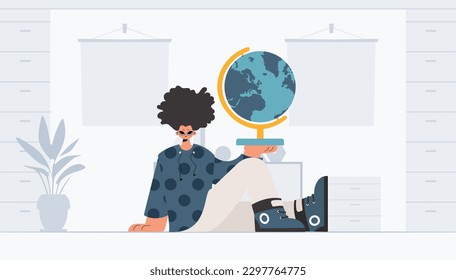 The individual is holding a colossal globe, the subject of learning. Trendy style, Vector Illustration