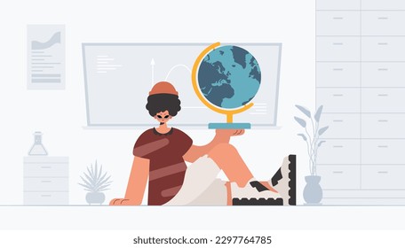 The individual is holding a colossal globe, the subject of learning. Trendy style, Vector Illustration
