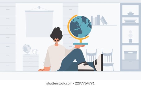 The individual is holding a colossal globe, the subject of learning. Trendy style, Vector Illustration