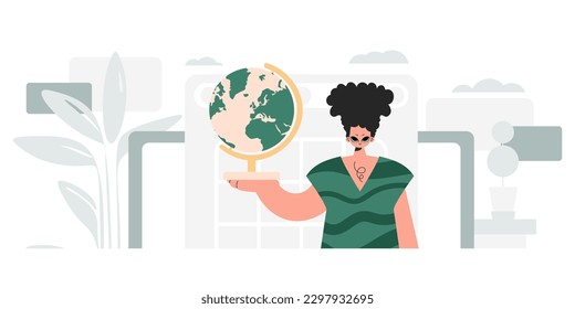 The individual is holding a colossal globe, the subject of learning. Trendy style, Vector Illustration