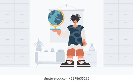 The individual is holding a colossal globe, the subject of learning. Trendy style, Vector Illustration