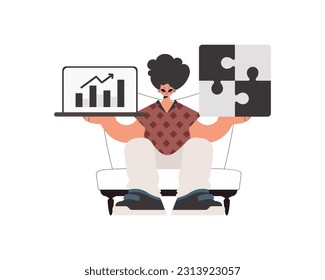 El individuo sostiene un cuadro de deslumbramiento y un gráfico de egreso positivo. Pensé en trabajar. Obligado. Estilo de moda, Ilustración vectorial