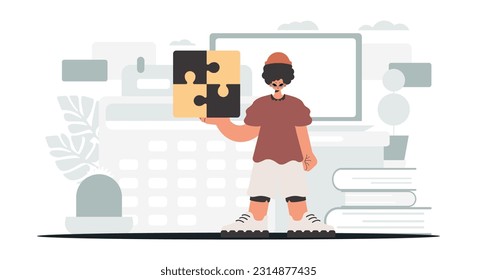 The individual is holding a dumbfound. Amass work subject. Trendy style, Vector Illustration