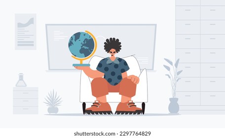 The individual is holding a gigantic globe, the subject of learning. Trendy style, Vector Illustration