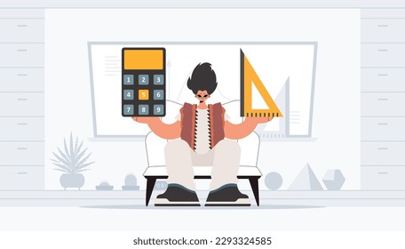 The individual is holding a ruler and a calculator, learning subject. Trendy style, Vector Illustration