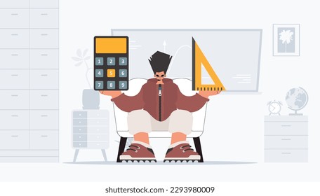 The individual is holding a ruler and a calculator, learning subject. Trendy style, Vector Illustration