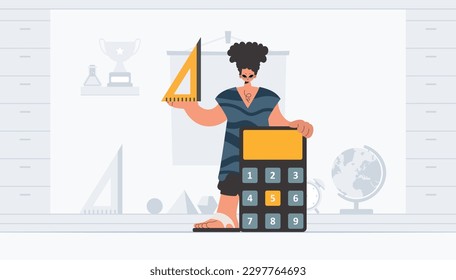 The individual is holding a ruler and a calculator, learning subject. Trendy style, Vector Illustration