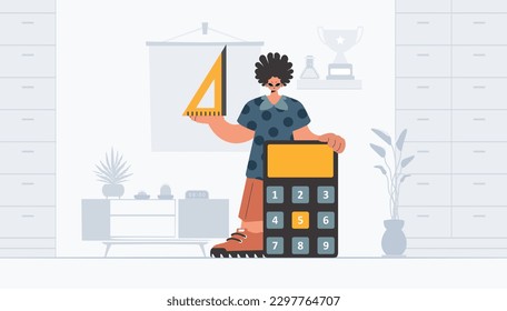 The individual is holding a ruler and a calculator, learning subject. Trendy style, Vector Illustration
