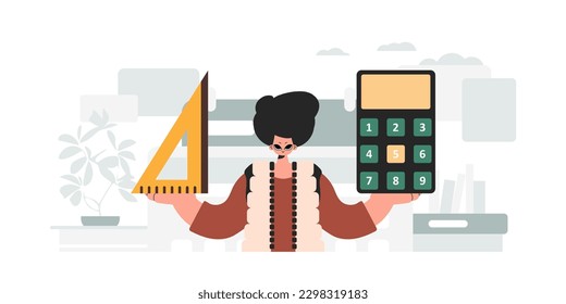 The individual is holding a ruler and a calculator, learning subject. Trendy style, Vector Illustration