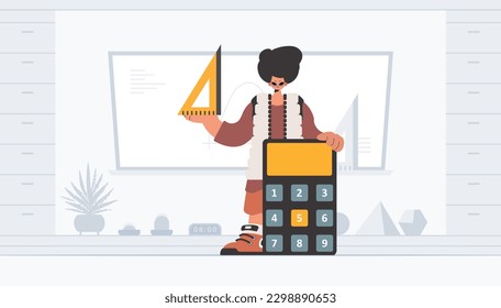 The individual is holding a ruler and a calculator, learning subject. Trendy style, Vector Illustration