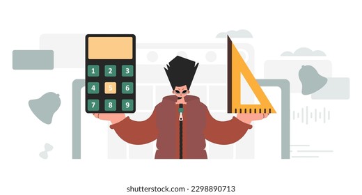 The individual is holding a ruler and a calculator, learning subject. Trendy style, Vector Illustration