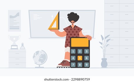 The individual is holding a ruler and a calculator, learning subject. Trendy style, Vector Illustration
