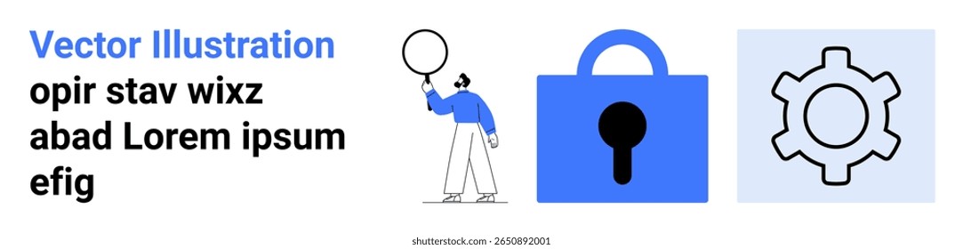Individual holding a speech bubble, blue padlock denoting security, and grey gear symbol for settings. Ideal for web design, app interfaces, cybersecurity, communication tools, tech features, user