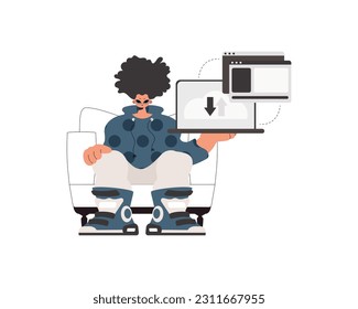 El individuo sostiene un comprimido en el que se sincronizan los datos. Conmovido. Estilo de moda, Ilustración vectorial