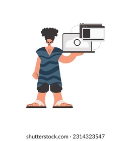 The individual is holding a tablet in which data is being synchronized. Compelled. Trendy style, Vector Illustration