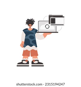The individual is holding a tablet in which data is being synchronized. Compelled. Trendy style, Vector Illustration