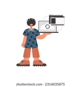 The individual is holding a tablet in which data is being synchronized. Compelled. Trendy style, Vector Illustration