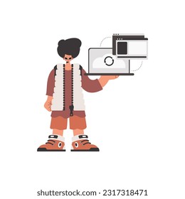 The individual is holding a tablet in which data is being synchronized. Compelled. Trendy style, Vector Illustration