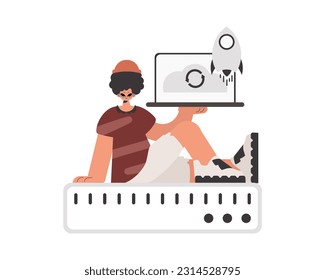 The individual is holding a tablet, which is synchronized with the data capacity. Limited. Trendy style, Vector Illustration