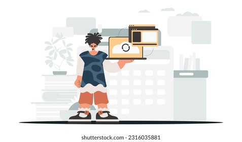 Die Person hält eine Tablette, die mit der Datenkapazität synchronisiert ist. Trendy Style, Vektorgrafik