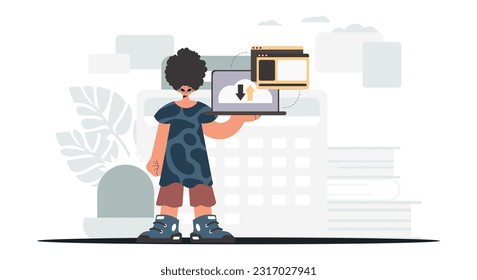 The individual is holding a tablet, which is synchronized with the data capacity. Trendy style, Vector Illustration