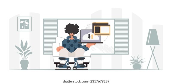 The individual is holding a tablet, which is synchronized with the data capacity. Trendy style, Vector Illustration