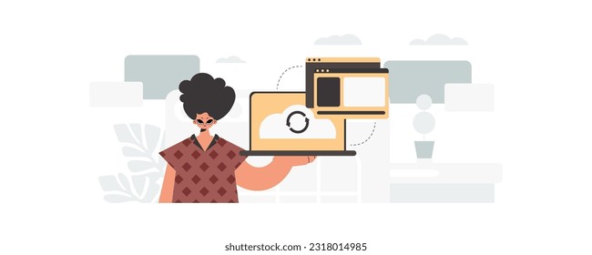 The individual is holding a tablet, which is synchronized with the data capacity. Trendy style, Vector Illustration