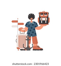 The individual is holding a travel rucksack and a pack. Isolated on white establishment. Trendy style, Vector Illustration