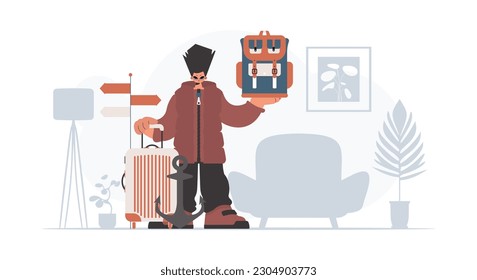 The individual is holding a travel rucksack and a plunder. The concept of rest and travel. Trendy style, Vector Illustration