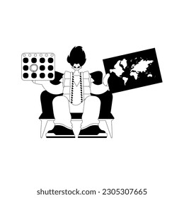 The individual is holding a world chart and a calendar. Tourism subject. Dim and white line craftsmanship. Trendy style, Vector Illustration