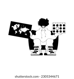 The individual is holding a world chart and a calendar. Tourism subject. Dim and white line craftsmanship. Trendy style, Vector Illustration