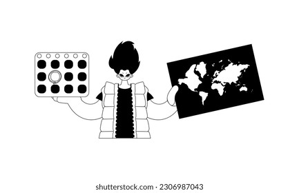 The individual is holding a world chart and a calendar. Tourism subject. Dim and white line craftsmanship. Trendy style, Vector Illustration