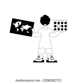 The individual is holding a world chart and a calendar. Tourism subject. Dim and white line craftsmanship. Trendy style, Vector Illustration