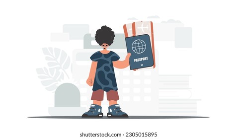 The individual holds a around the world id and trade around tickets in his hands. The concept of rest and travel. Trendy style, Vector Illustration