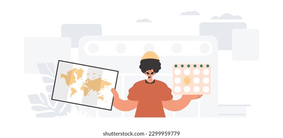 The individual holds a calendar and a organize of the world in his hands. The concept of rest and travel. Trendy style, Vector Illustration