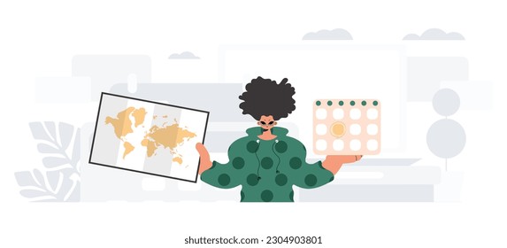 The individual holds a calendar and a organize of the world in his hands. The concept of rest and travel. Trendy style, Vector Illustration