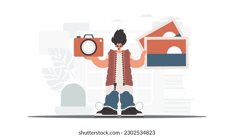 The individual holds a camera and photos in his hands. The concept of rest and travel. Trendy style, Vector Illustration