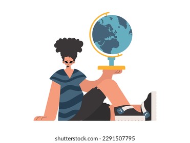The individual holds a globe in his hands, kept on a white establishment. Trendy style, Vector Illustration
