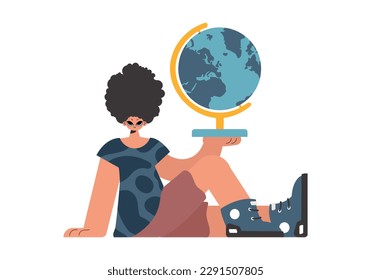 The individual holds a globe in his hands, kept on a white establishment. Trendy style, Vector Illustration