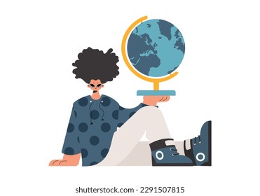 The individual holds a globe in his hands, kept on a white establishment. Trendy style, Vector Illustration