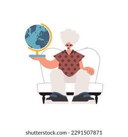El individuo sostiene un globo en sus manos, en un establecimiento blanco. Estilo de moda, Ilustración vectorial