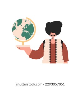 The individual holds a globe in his hands, kept on a white establishment. Trendy style, Vector Illustration