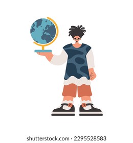 The individual holds a globe in his hands, kept on a white establishment. Trendy style, Vector Illustration