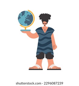 El individuo sostiene un globo en sus manos, en un establecimiento blanco. Estilo de moda, Ilustración vectorial