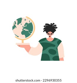 The individual holds a globe in his hands, kept on a white establishment. Trendy style, Vector Illustration