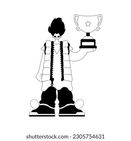 The individual holds the holder of the victor in his hands. Pulverizing and white line craftsmanship. Trendy style, Vector Illustration