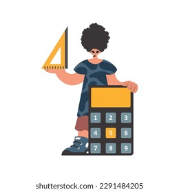 The individual holds a ruler and a calculator in his hands, compelled on a white establishment. Trendy style, Vector Illustration
