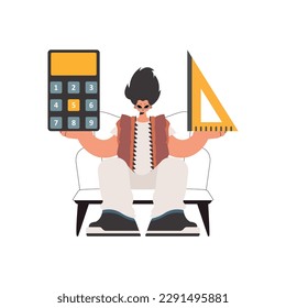 The individual holds a ruler and a calculator in his hands, isolated on a white establishment. Trendy style, Vector Illustration